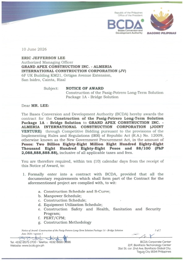 BCDA Notice of Award — Pasig-Potrero Bridge Solution