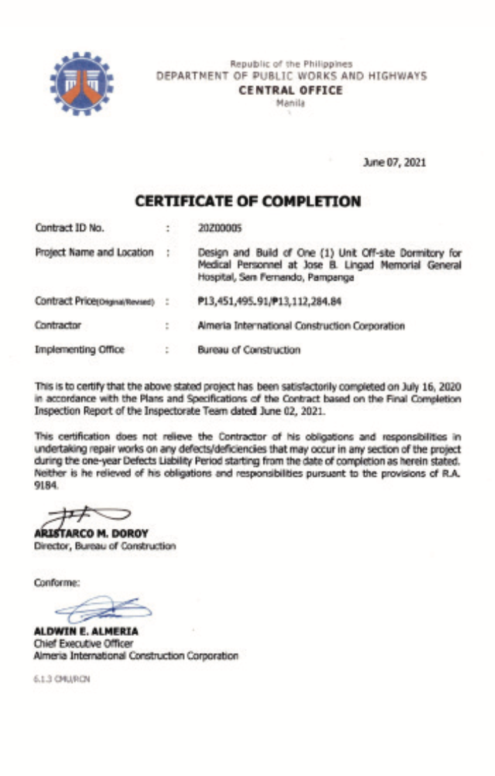 DPWH Certificate of Completion — Lingad Hospital Dormitory
